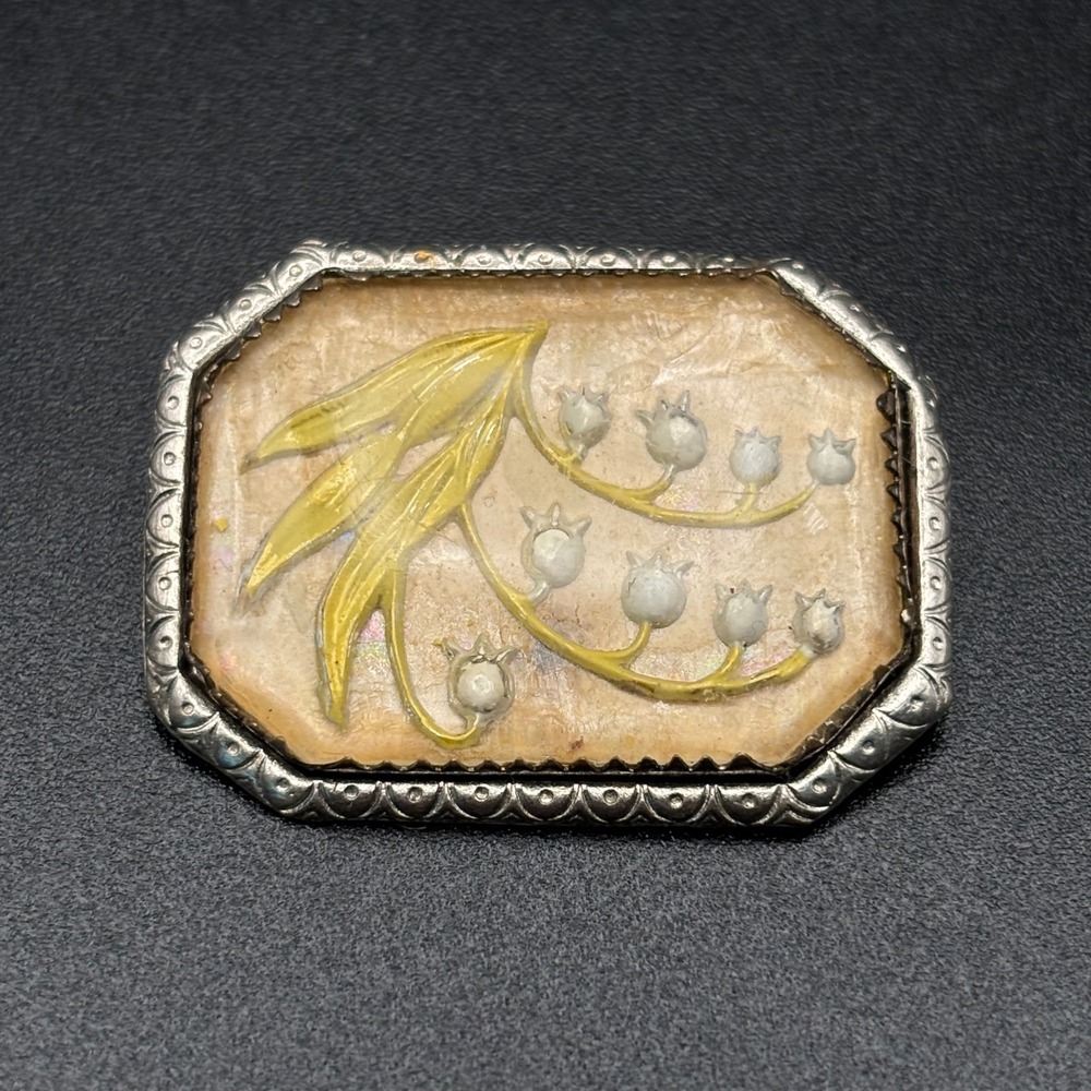 Vintage Reverse Carved Glass Brooch Silver Tone Lily of the Valley Goofus Glass - Picture 10 of 12